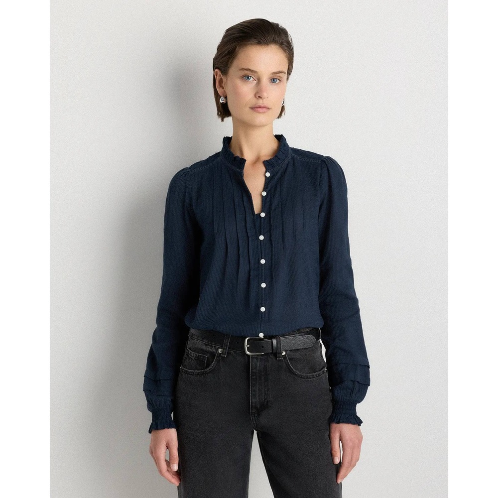 Quince Organic Textured Cotton Peasant Blouse Navy Blue Pintuck Ruffle Medium